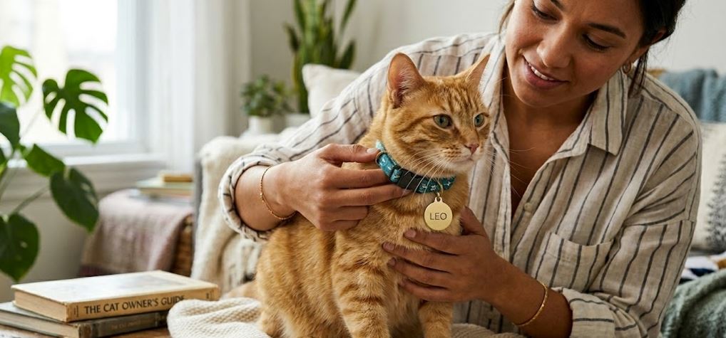 Cat with owner measuring for cat collar fit
