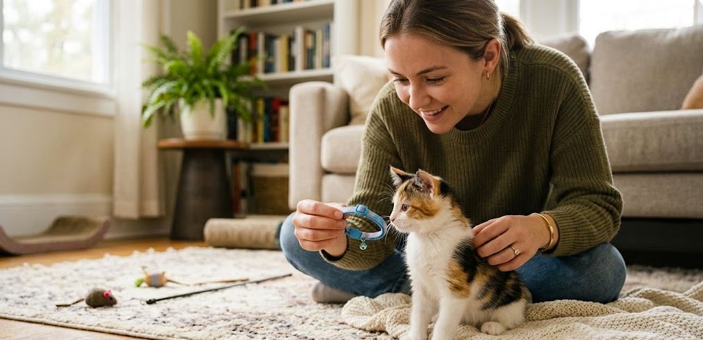 Woman with kitten cat collar